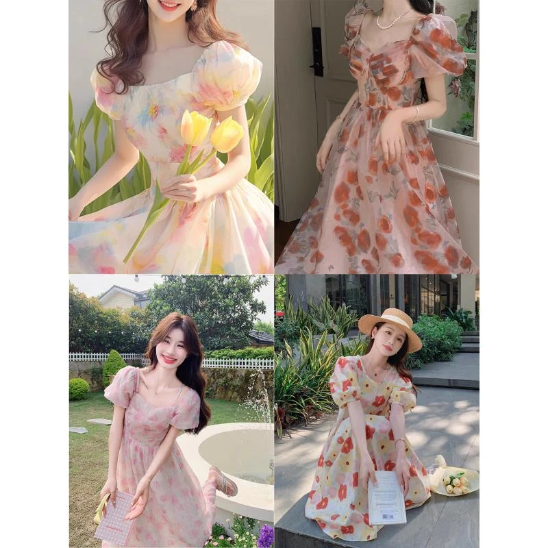 FF粉色印花连衣裙夏季女2025新款泡泡袖超好看甜美显瘦长款公主裙