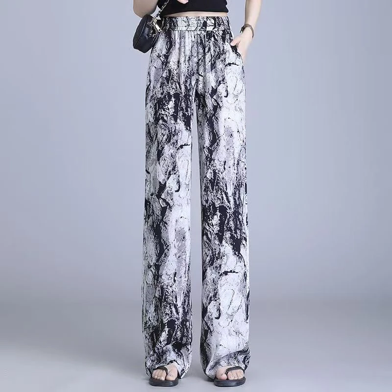 0026款夏天薄款复古国风印花高腰直筒裤休闲显瘦冰丝休闲裤阔腿