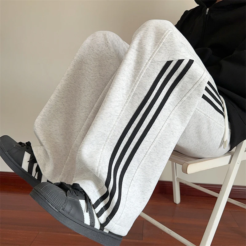 男款早秋休闲百搭潮牌宽松阔腿休闲裤子男女撞色条纹直筒灰色卫裤