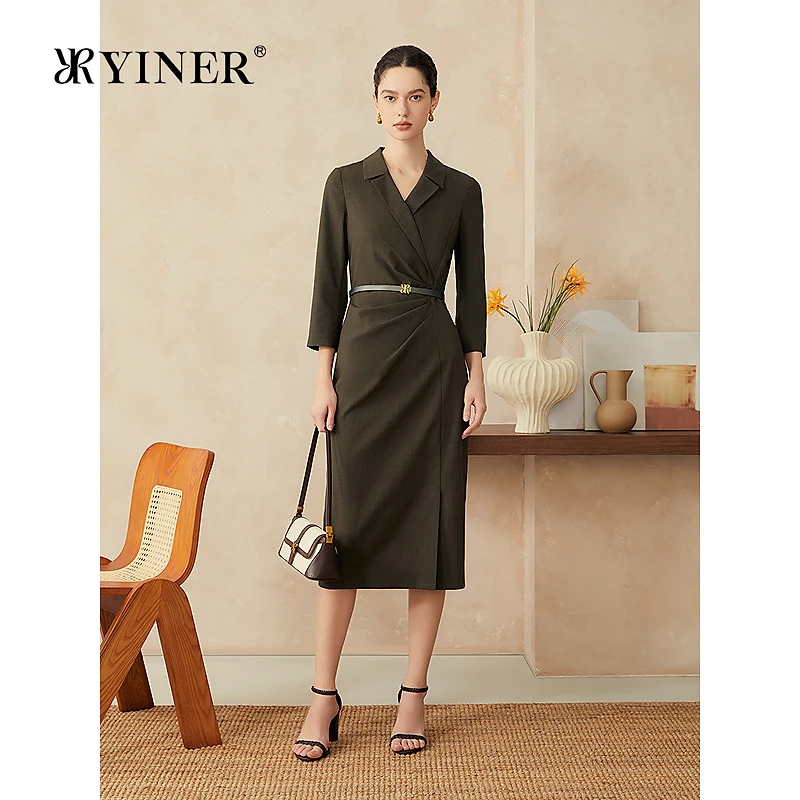 【佩普洛斯褶】YINER音儿2025春季新款法式西装V领仿麻感连衣裙