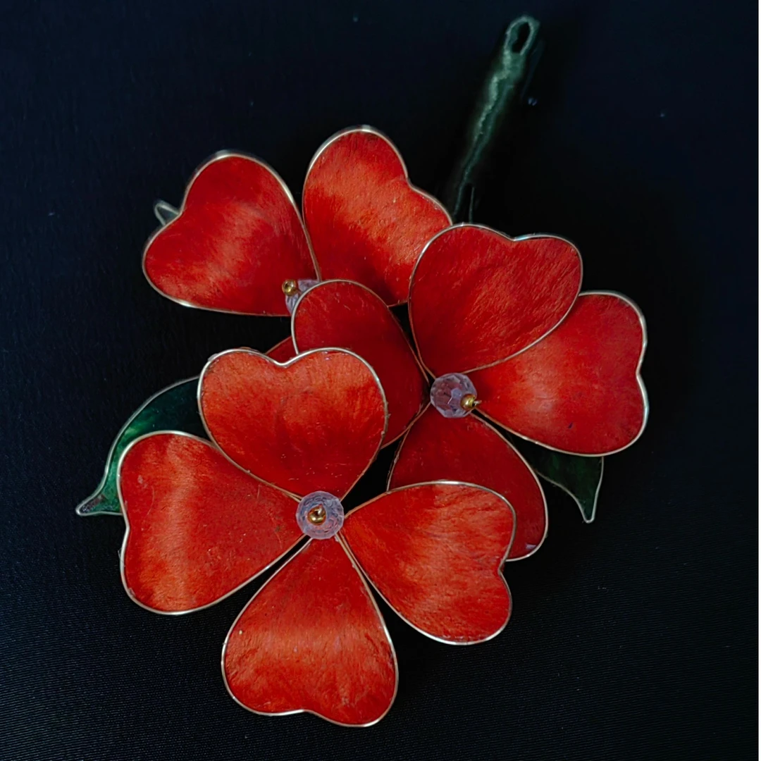 【小桃花】南京非遗绒花纯手工制作掐丝红色桃花边夹款