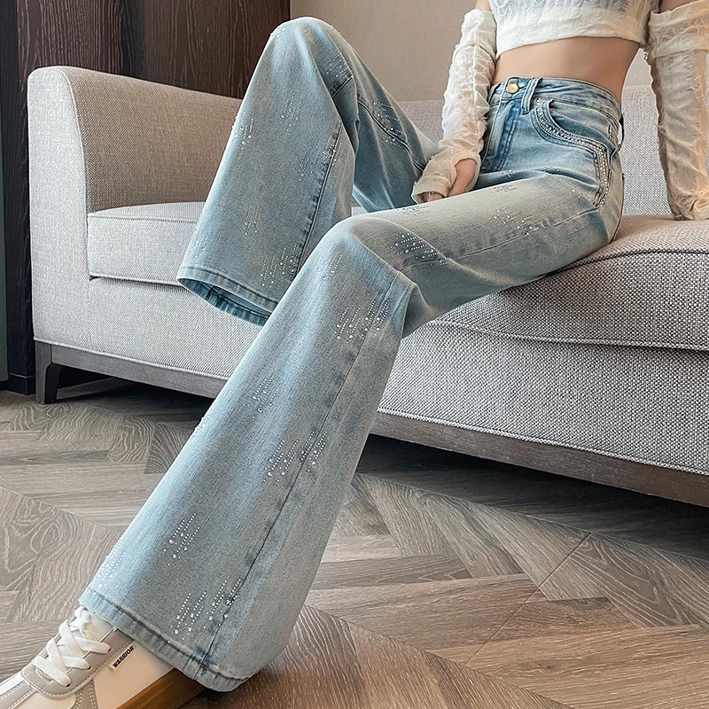 蜜蜜穿搭复古浅色烫钻微喇牛仔裤女2025秋季设计感弹力喇叭马蹄裤