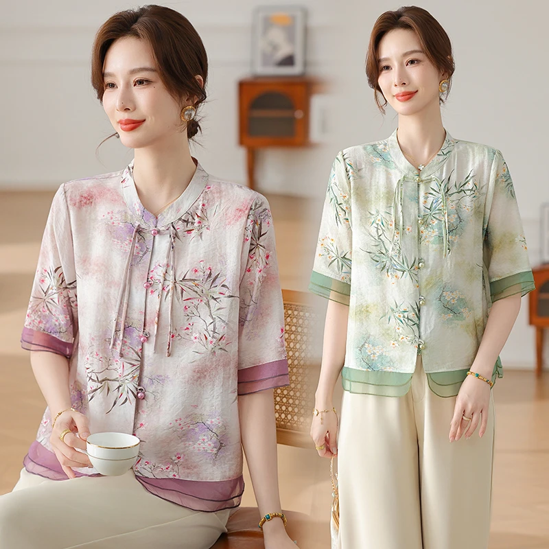 【桃花朵朵】小衫妈妈夏装短袖T恤衫套装中老年女新中式国风两件套