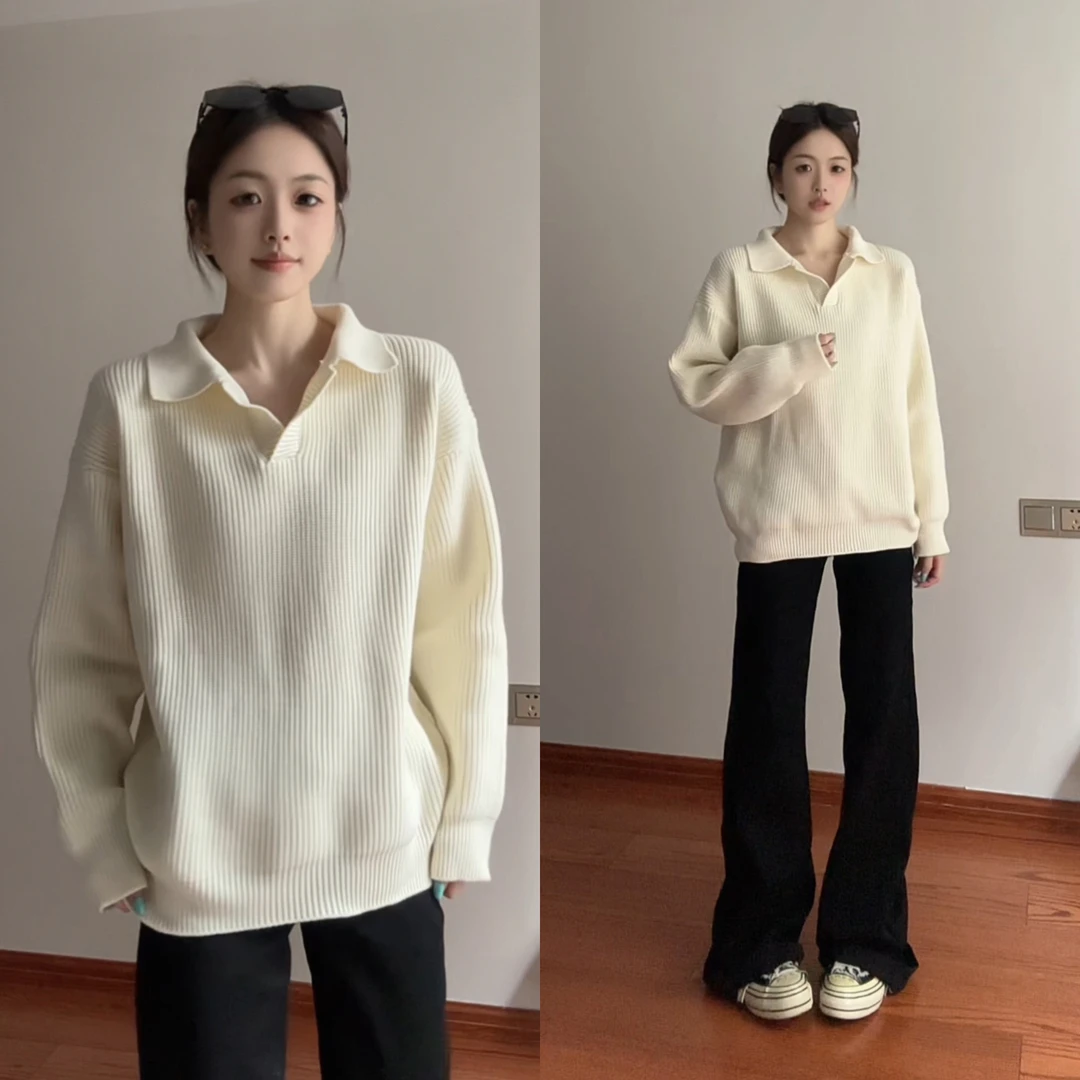 老钱风海鸥领针织衫男冬季美式复古坑条翻领polo针织衫内搭打底衫