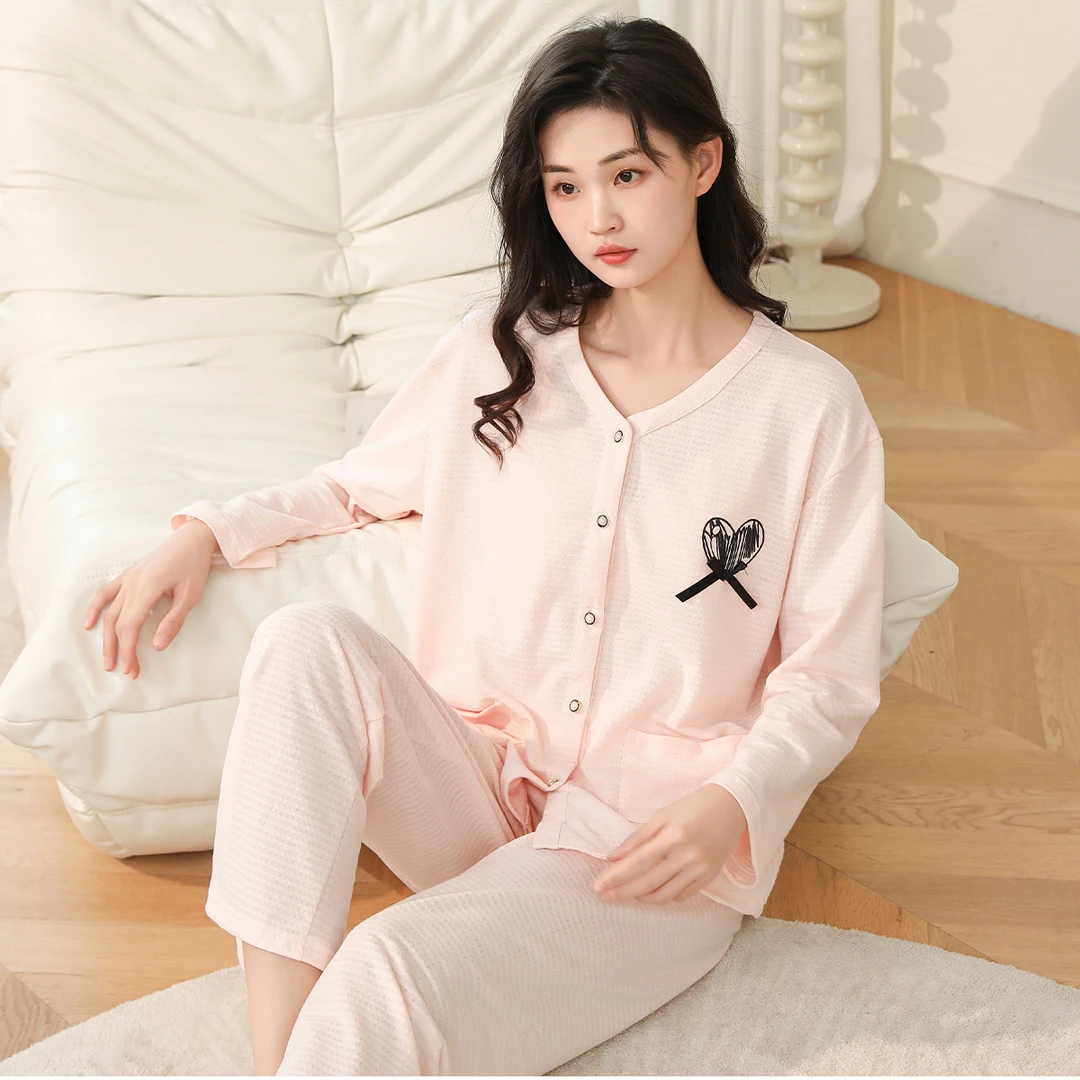 【34棉】紫色花语女士V领开扣小香风撞色睡衣套装家居服S4AD3306