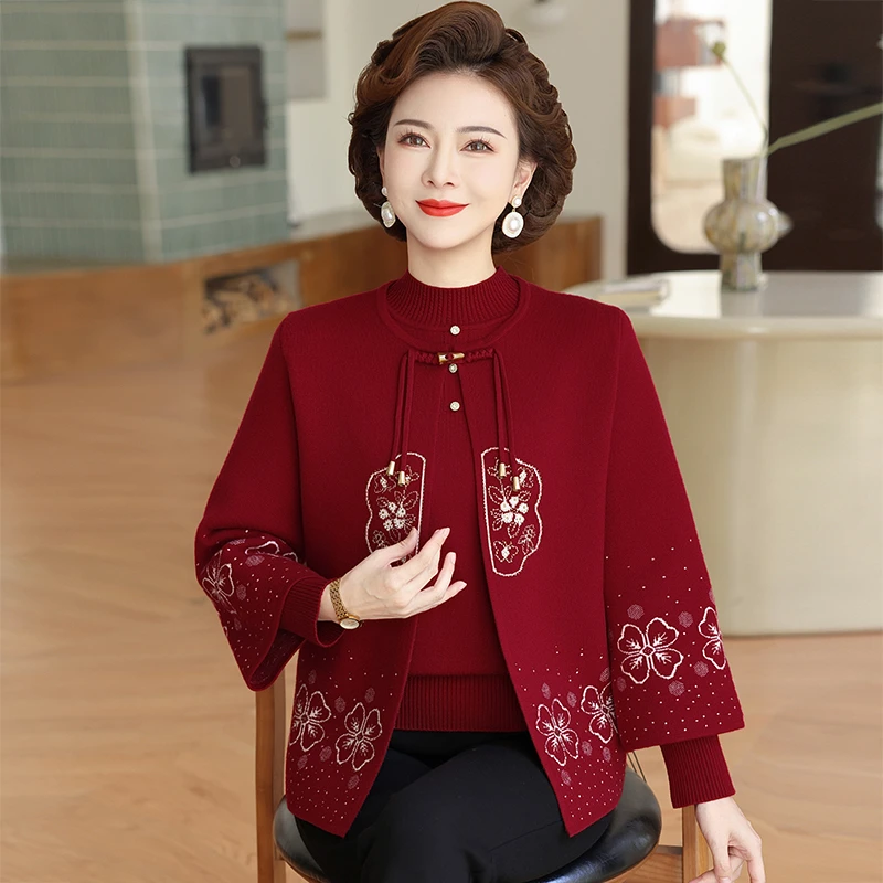 喜婆婆红色婚宴礼服中老年女装针织毛衣外套妈妈秋冬上衣套装洋气