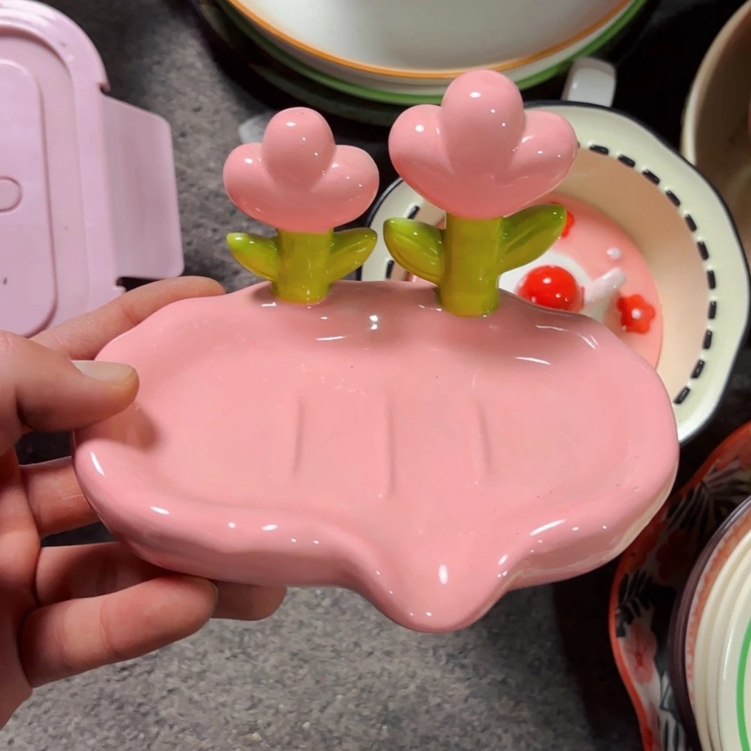 白瓷粉色郁金香陶瓷香皂盒