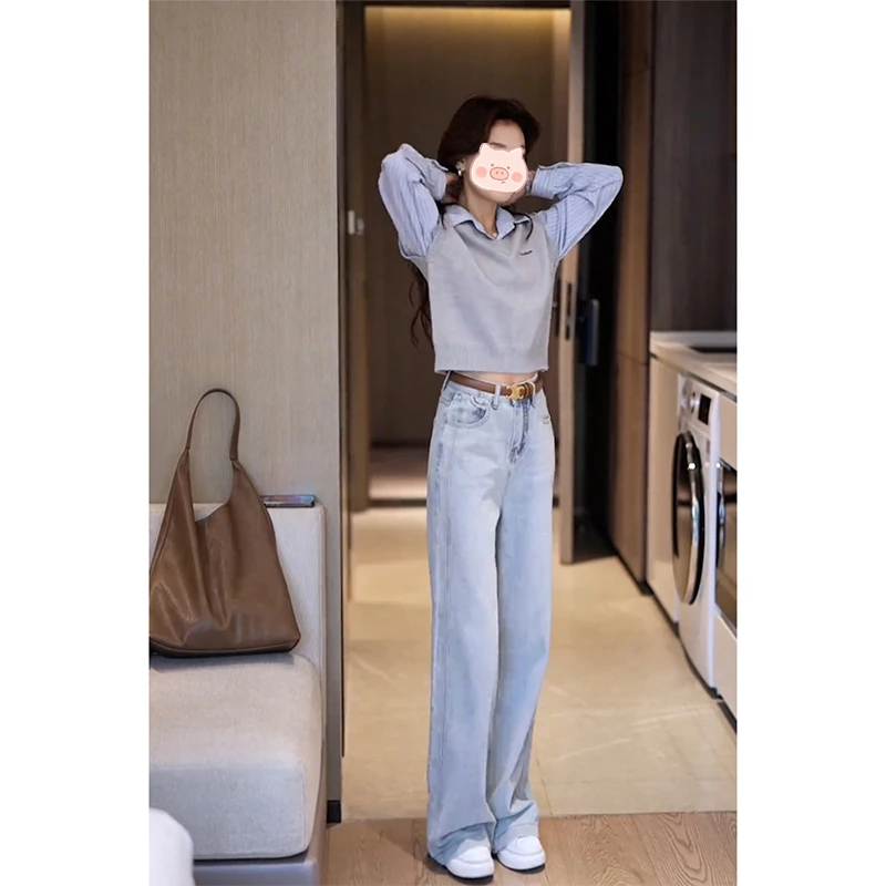 时尚套装女春季爆款高级感气质马甲条纹衬衫直筒牛仔裤显瘦三件套