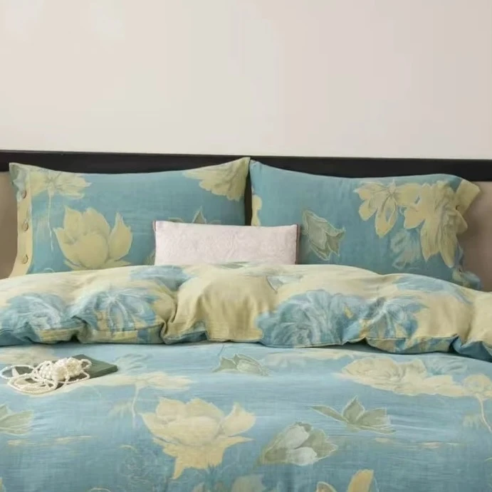 （碧水繁花）枕套纯棉双层纱布一对装全棉可水洗A类柔软单人枕套