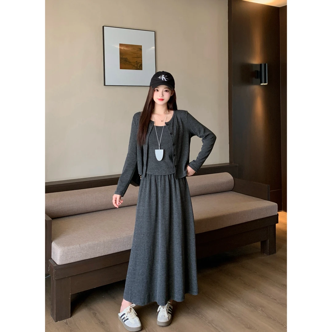 【陈大喜专属】2025秋季大码女装长袖显瘦开衫背心A字半身裙三件套