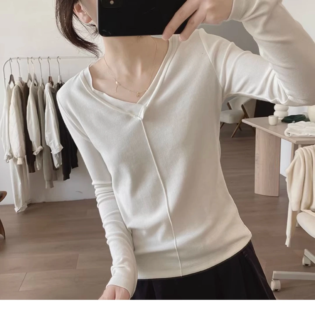 欧货V领内搭打底衫长袖T恤秋冬新款简约女休闲外穿小众设计感上衣