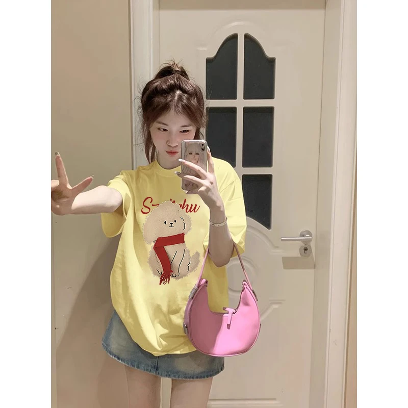 纯棉设计感小狗短袖t恤女夏季宽松休闲百搭黄色韩系小个子上衣ins