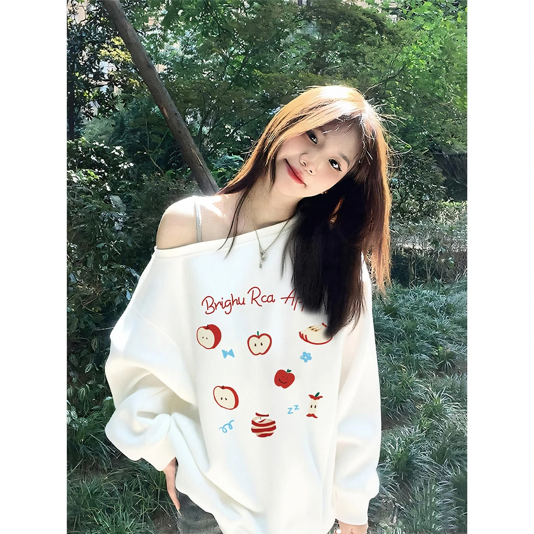 重磅纯棉 ins白色斜领露肩卫衣女苹果印花设计中长款宽松学生上衣