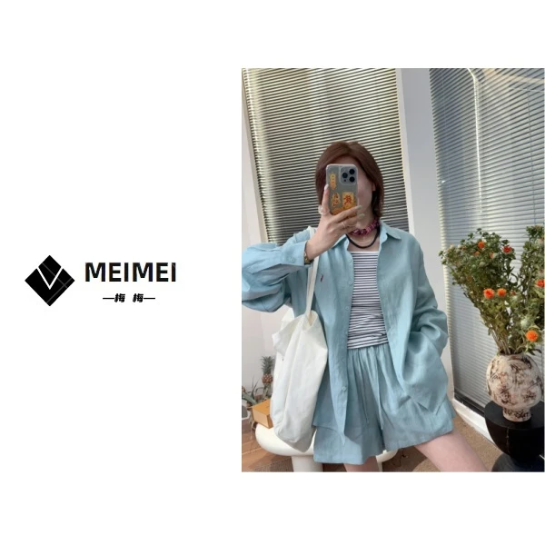 XMM【HB100苎麻衬衣三件套】时尚百搭潮流显瘦小众宽松洋气休闲夏季