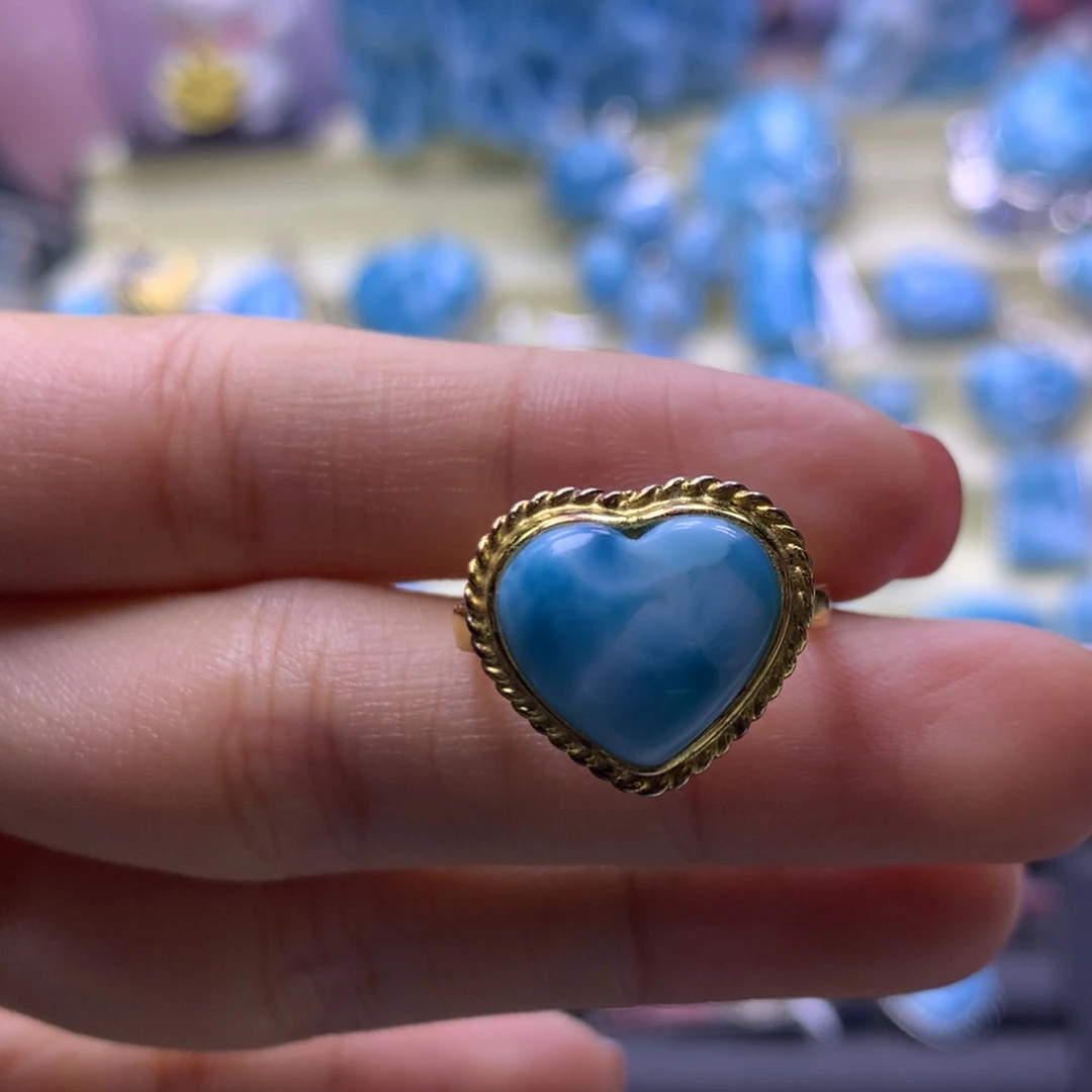针钠钙石（海纹石）银S925镶嵌戒指爱心戒指色差略异