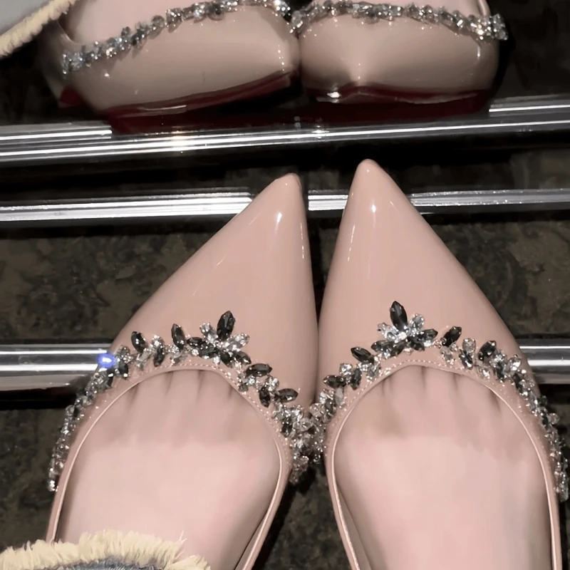 平底单鞋女内增高2025年新款裸色水钻尖头平底鞋浅口真皮漆皮法式