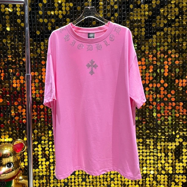 轻奢烫钻梵文十字男女同款纯棉定制粉色短袖