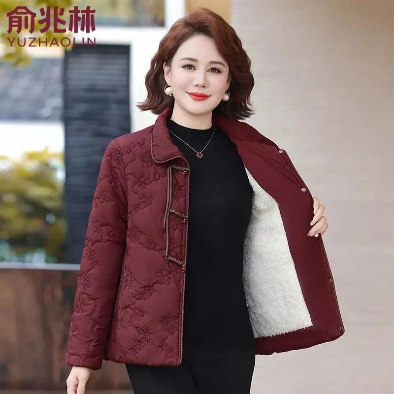 俞兆林妈妈2025新款棉衣加绒加厚中老年女士秋冬外套新中式国风保