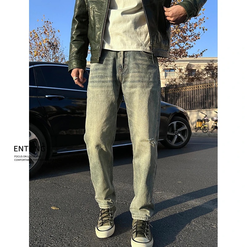 Entong美式水洗复古做旧牛仔裤男士春季直筒宽松潮流男士锥形长裤