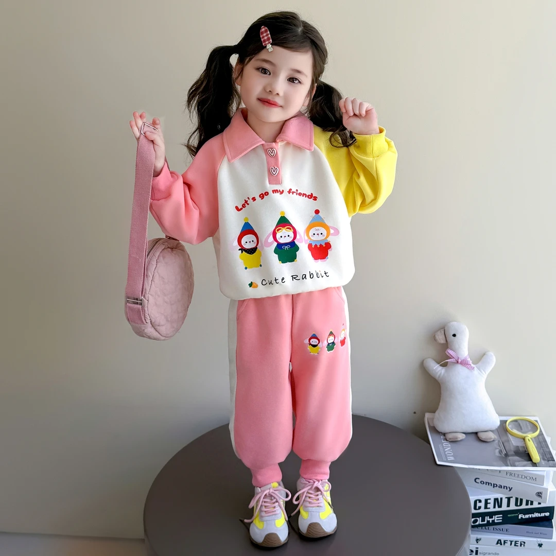 女童polo卡通卫衣套装洋气儿童春秋装新款女宝宝休闲两件套小女孩