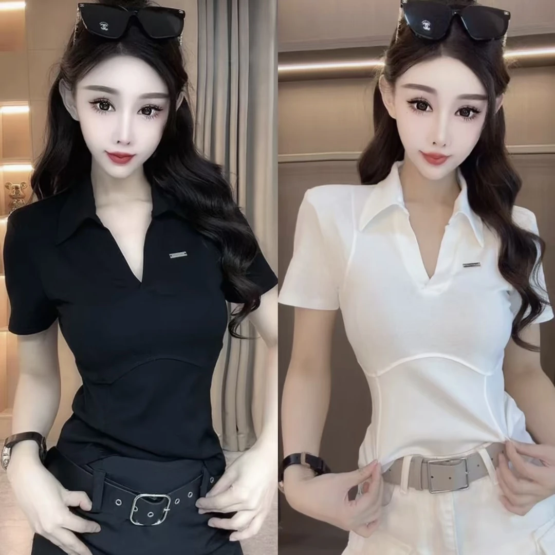 法式时尚高级感休闲polo领纯色修身短袖t恤女2025夏季新款上衣