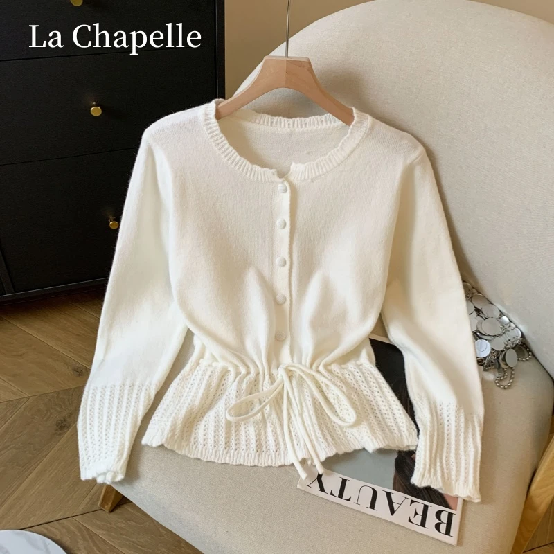 拉夏贝尔韩系甜美减龄收腰系带毛衣女士秋修身松显瘦百搭圆领上衣