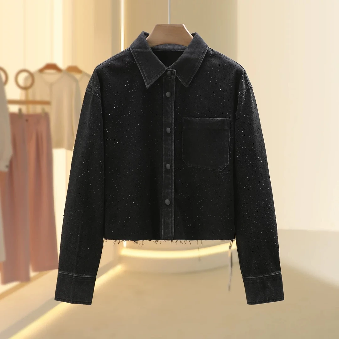 《猪猪出品》气质百搭高级黑色时尚翻领长袖镶钻女装牛仔外套699