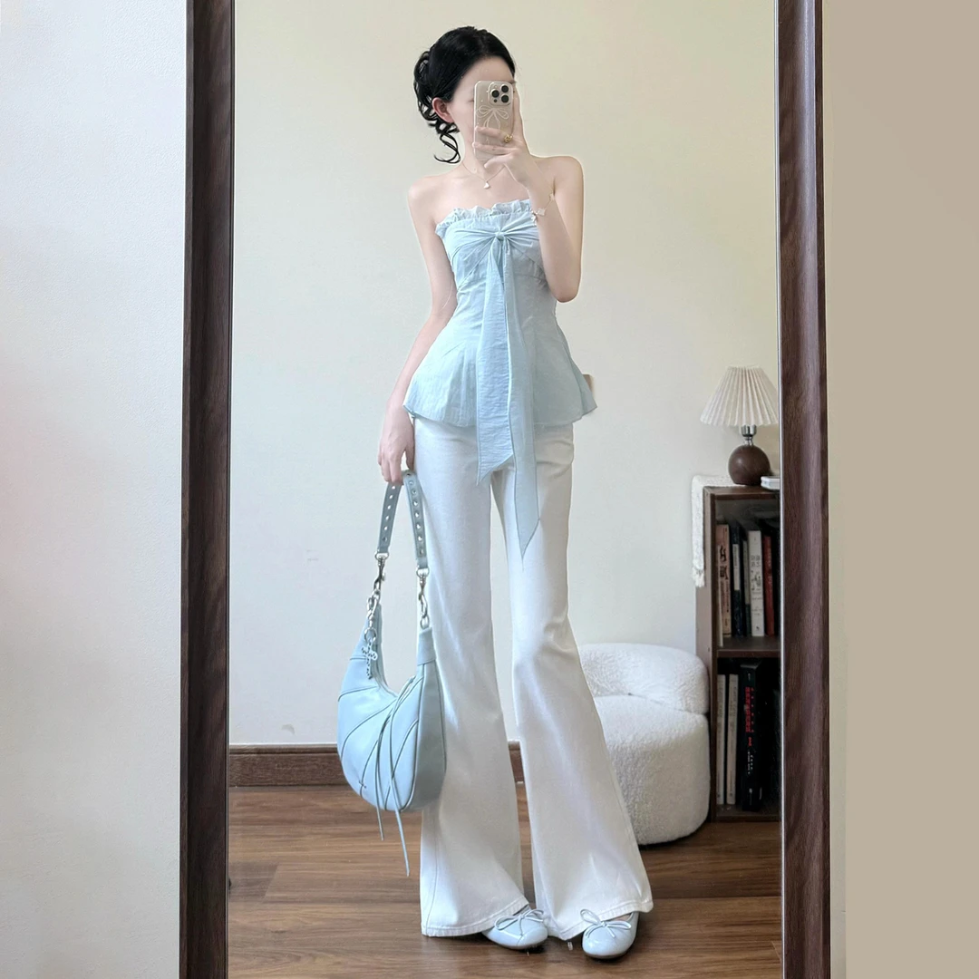 2025新款纯欲辣妹蓝色抹胸背心女夏季外穿韩系穿搭掐腰无袖短上衣