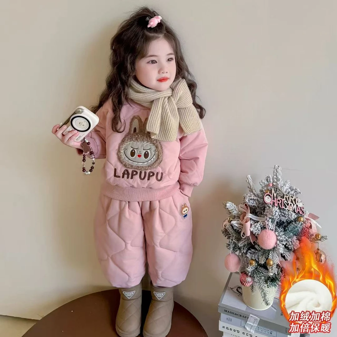 女童夹棉套装儿童棉服卫衣棉裤冬装加厚2025新款洋气外穿女孩衣服