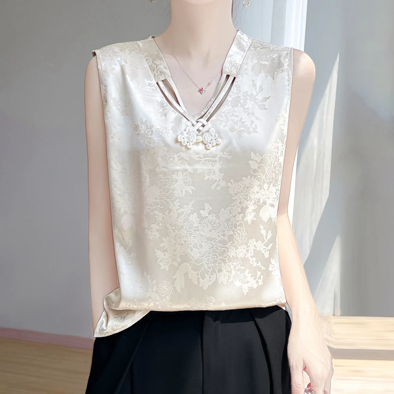 提花缎面吊带背心夏季设计新款大码盘扣西装中式醋酸上衣无袖打底