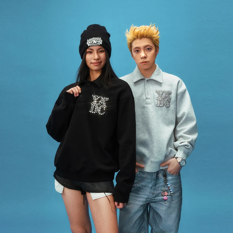 YADcrew亚德鲁 YADC闪钻POLO卫衣基础休闲情侣百搭潮宽松长袖上衣