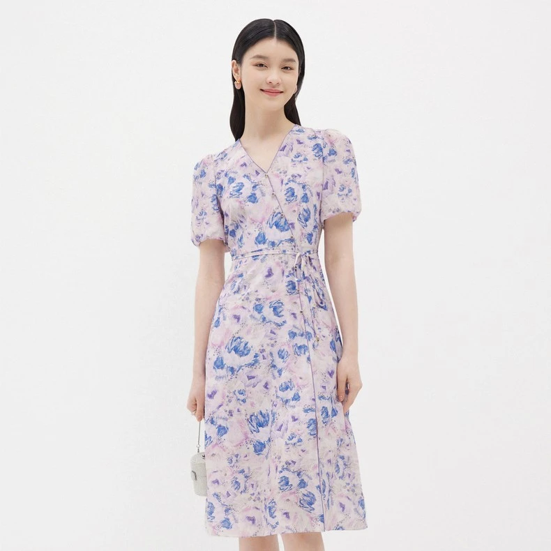 珂莱蒂尔 印花收腰显瘦裙泡泡袖夏季连衣裙KF09210