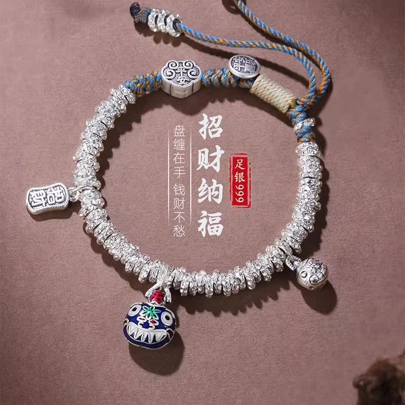 足银珐琅手链 999纯银吞金兽盘缠手链女生民族风编织手绳生日礼物