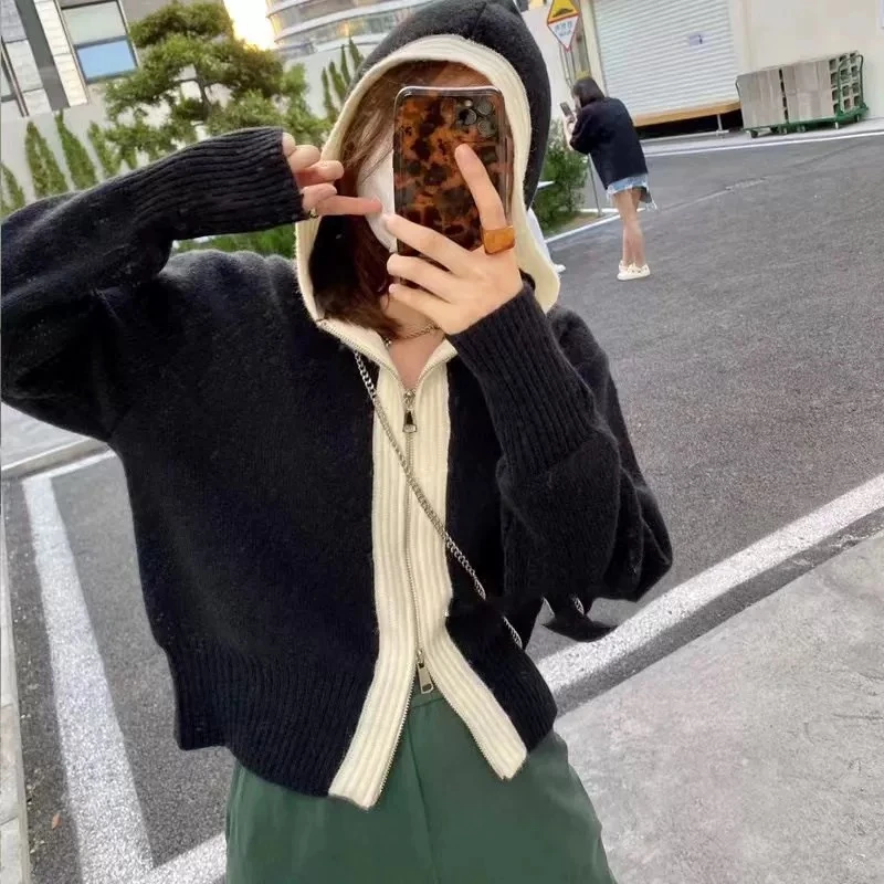 秋冬新款羊绒衫女拼色拉链开衫宽松连帽卫衣针织衫打底衫羊毛帽衫