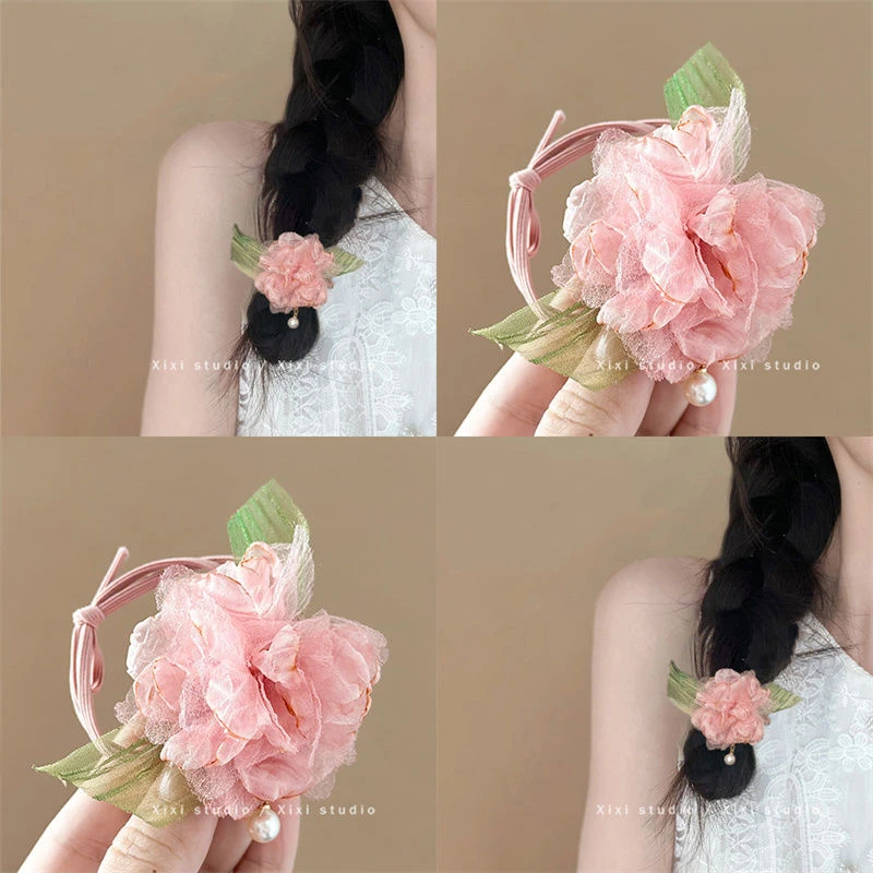 新款玫瑰花发圈百搭马尾头绳甜美少女发绳女珍珠流苏发绳森系头饰