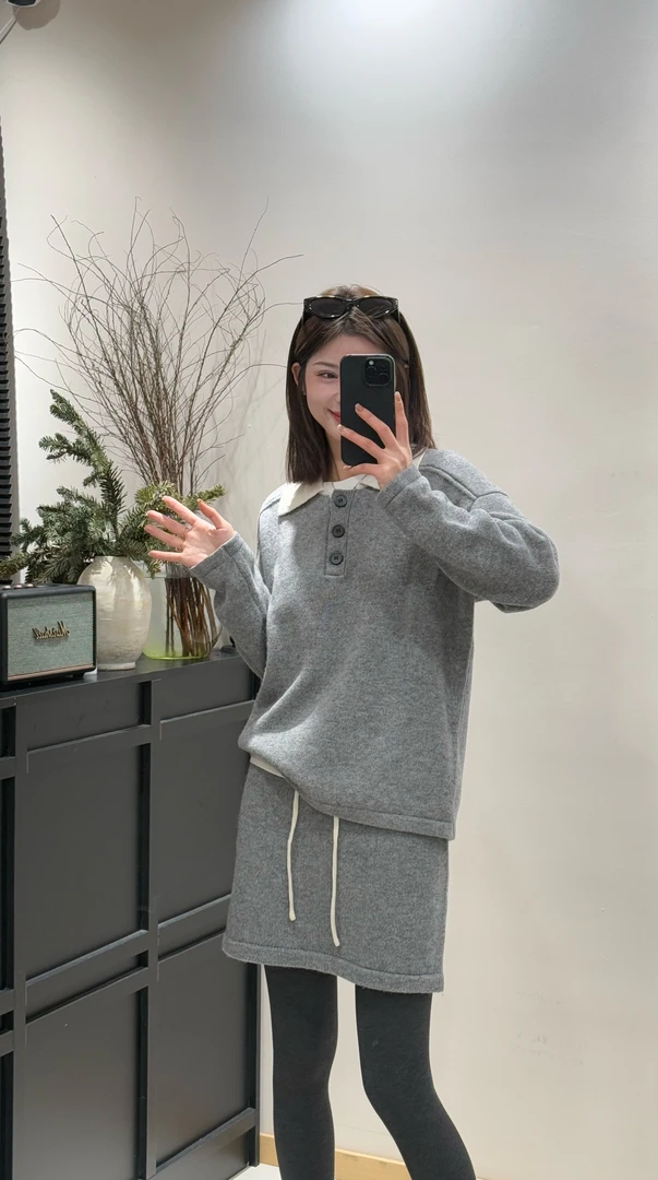 【CAITINT】婷婷早春年货款翻领半口长袖毛衣针织短裙羊毛套装9791
