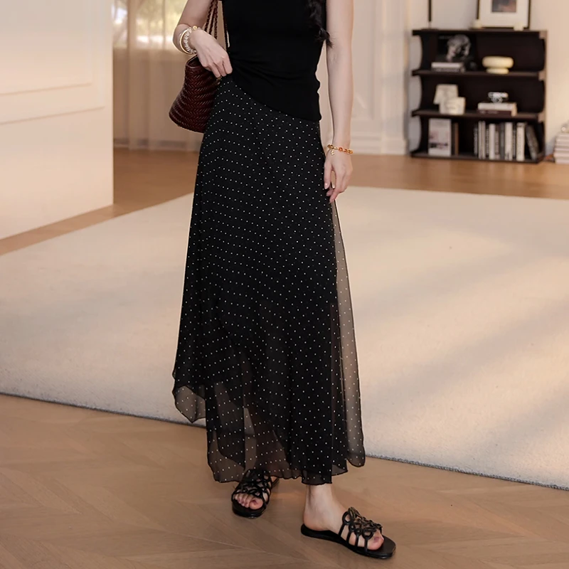 【YANYAN】（松紧腰+拉链）夏季高腰休闲小波点纱裙长裙半身裙YY-4532