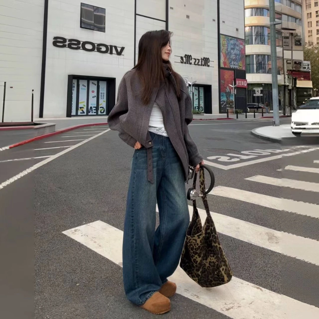 爆款2025新款秋冬宽松阔腿休闲百搭显瘦高街时尚超高腰牛仔长裤女