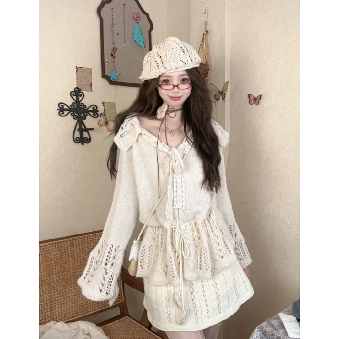 ｛初见情结｝针织毛衣女秋款上衣 设计感宽松慵懒风法式蕾丝镂空