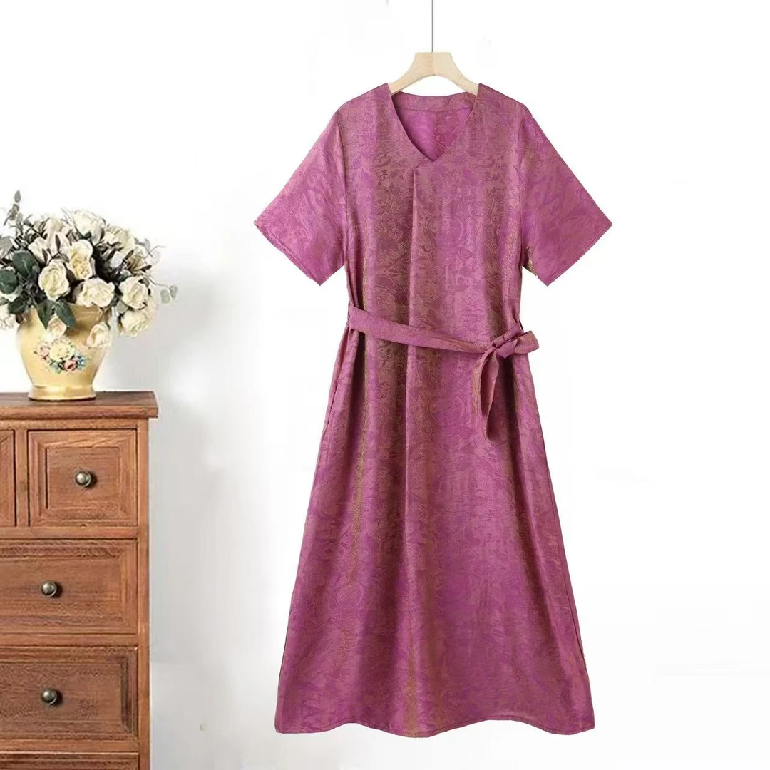 H001浮光锦-三色花时尚轻奢亲肤透气中长款连衣裙