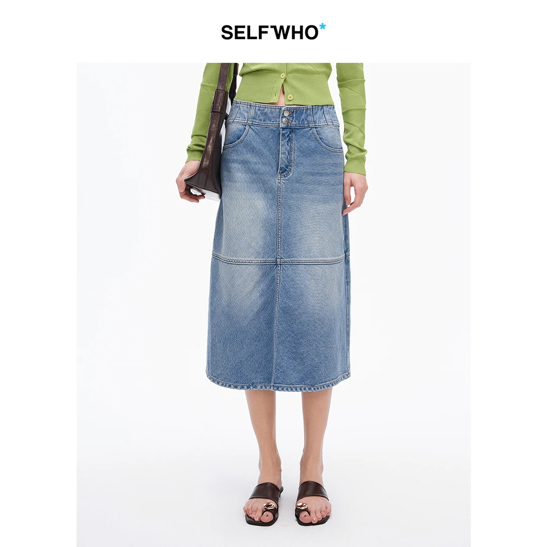 SELFWHO全棉复古洗水牛仔半身裙女2025春新款高腰a字猫须双扣半裙