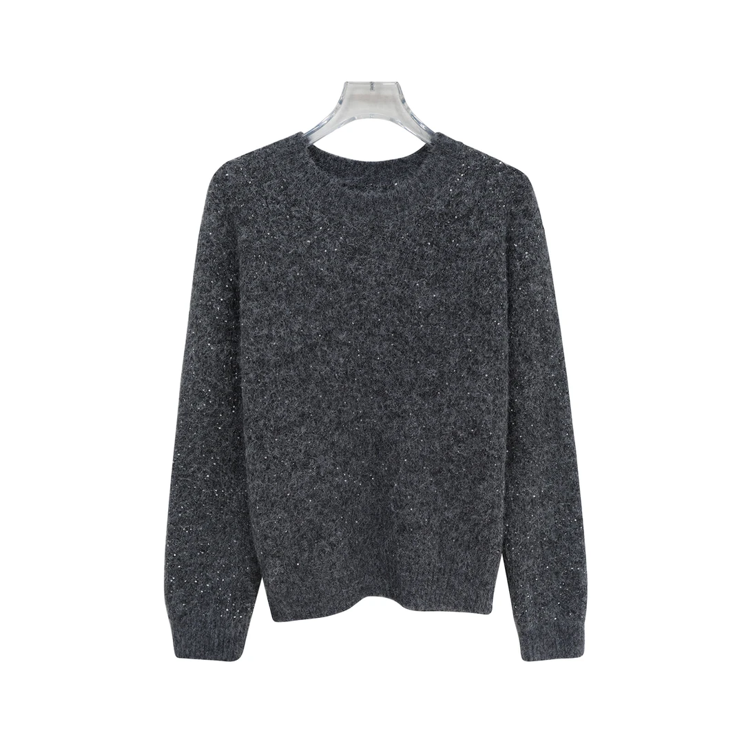 高级感复古亮片慵懒宽松圆领套头毛衣针织衫X27982