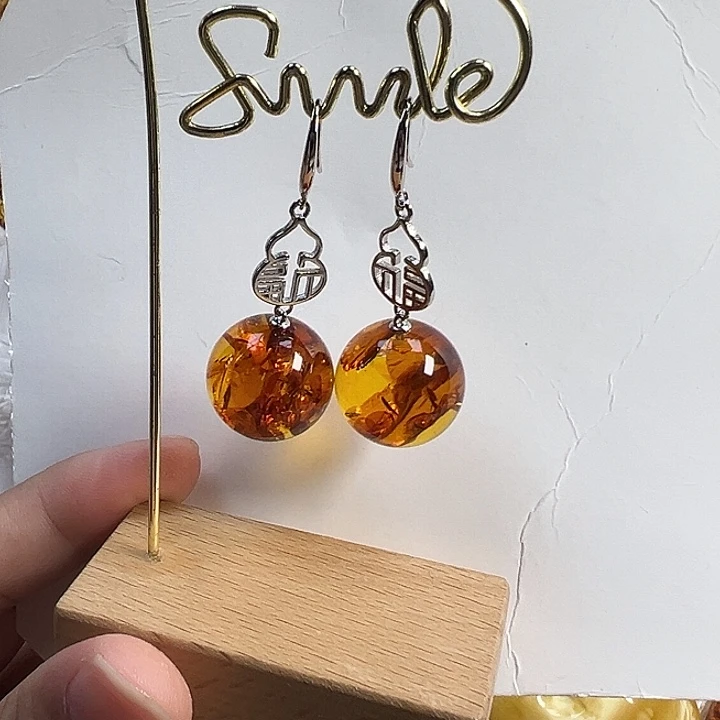 银S925镶嵌琥珀（花珀）耳饰