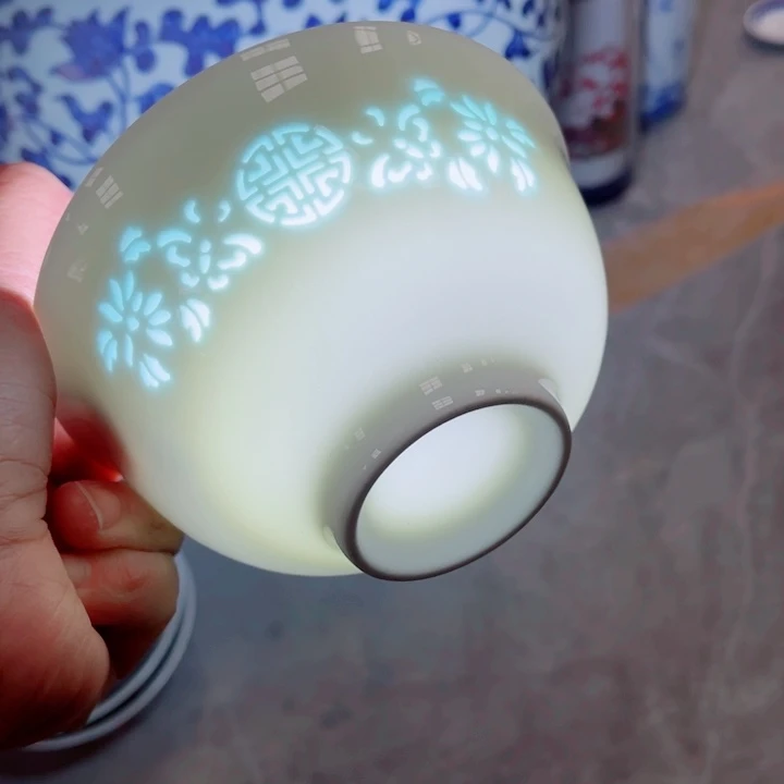 青花玲珑5寸小饭碗花雕