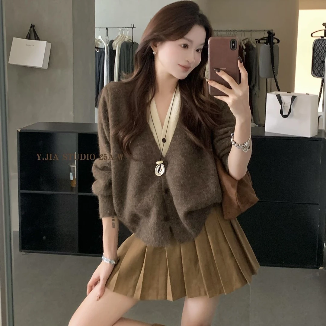 美拉德咖色设计感假两件针织开衫女秋冬慵懒风小个子毛衣外套上衣