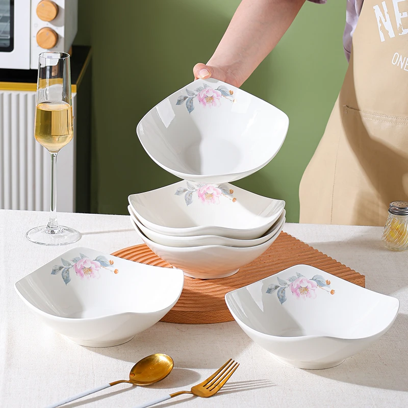 荷花之恋四角碗6只翘脚碗家用创意釉下彩陶瓷餐具轻奢中式乔迁