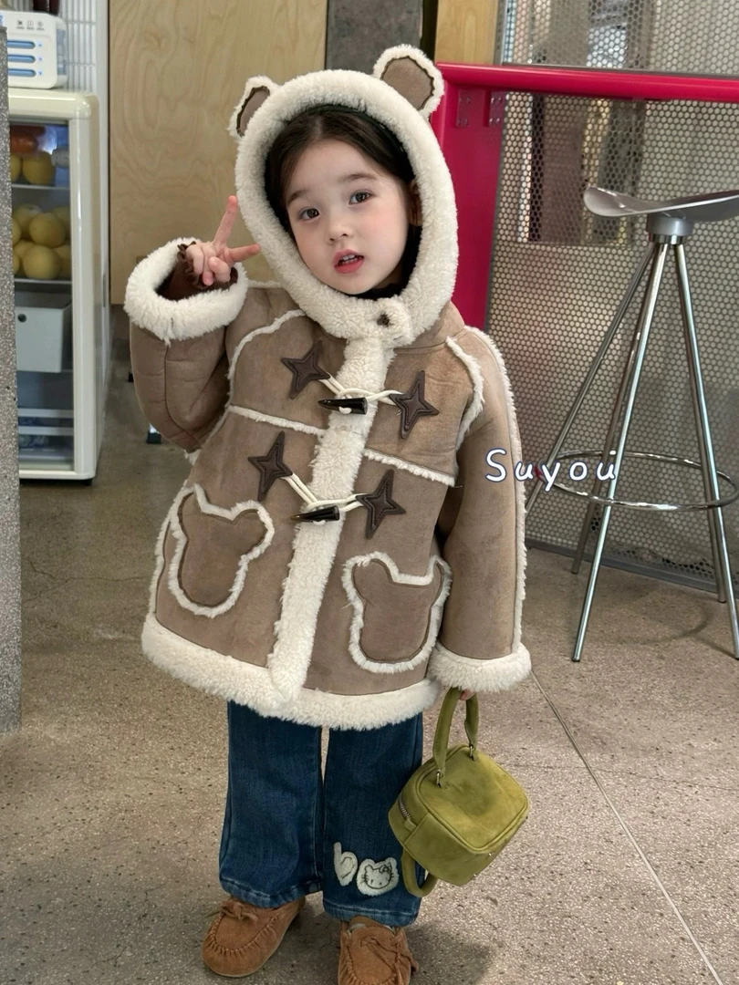 女童加绒加厚外套冬季新款女童小童韩版小熊帽皮毛一体毛毛外套