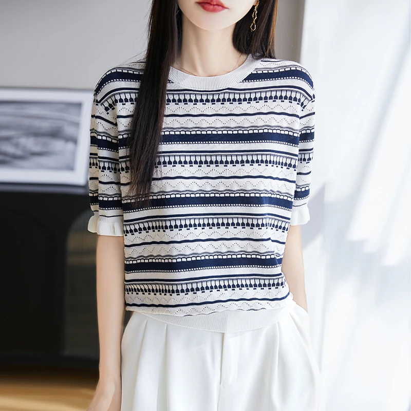 镂空条纹短袖女莱赛尔+桑蚕丝+棉针织T恤短款圆领木耳边体恤上衣