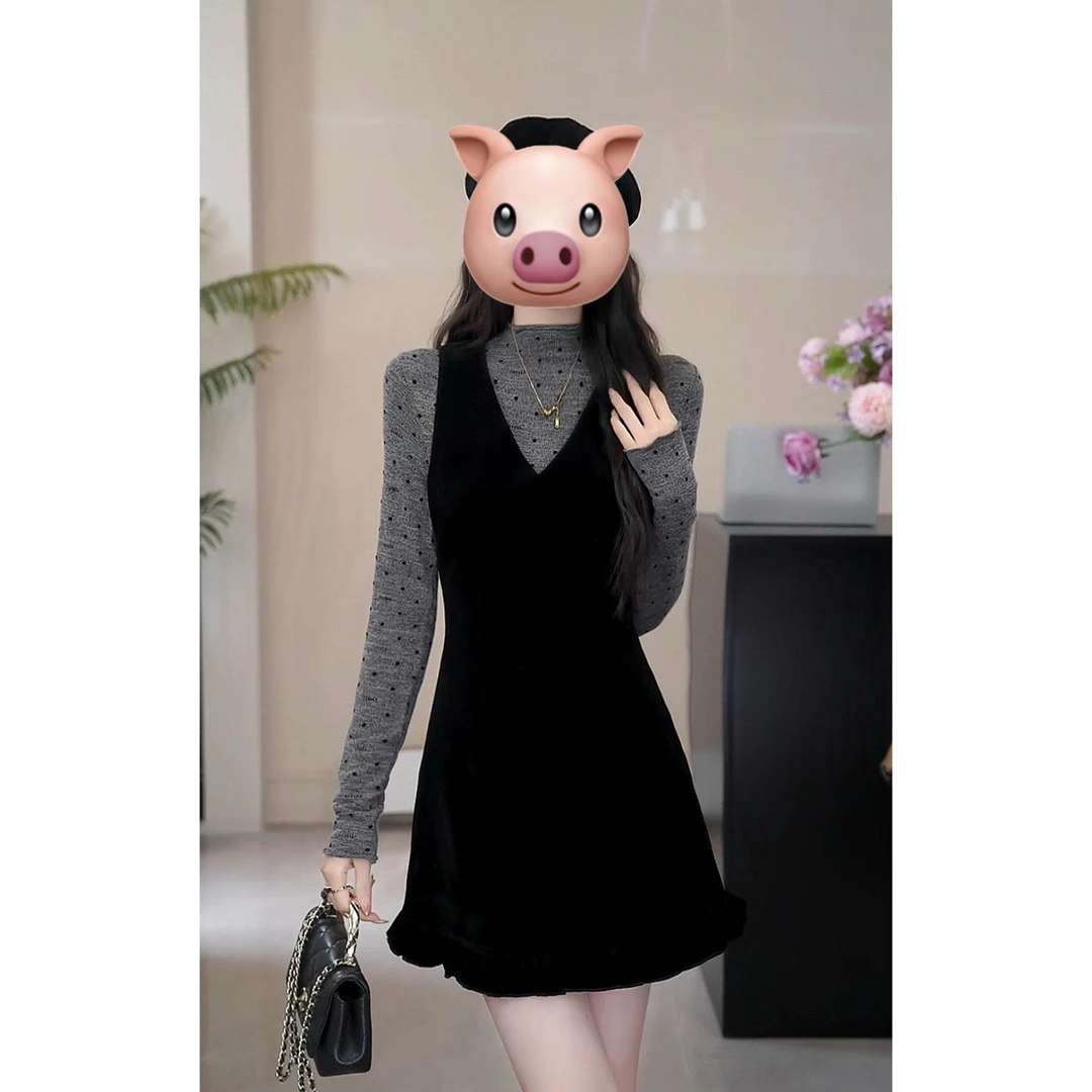 【云眠画记】波点打底衫+丝绒背心连衣裙两件套小众炸街高级感女装