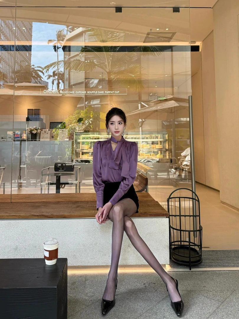紫色韵味 气质御姐风纯欲V领飘带缎面衬衫辣妹性感包臀短款半身裙